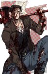  1boy 913832982w axe battle_axe battle_damage blood blood_on_clothes blood_on_face harry_mason highres holding holding_axe jacket male_focus open_clothes open_jacket silent_hill_(series) silent_hill_1 solo toned toned_male weapon 