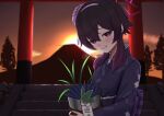  1girl absurdres blue_archive flambe_(tyoitohikkosi07) floral_print flower flower_pot frilled_sash grin hair_between_eyes hair_flower hair_ornament hairband halo haruka_(blue_archive) haruka_(new_year)_(blue_archive) highres holding holding_flower_pot japanese_clothes kimono light_blush long_sleeves looking_at_viewer mountain new_year official_alternate_costume outdoors plant potted_plant print_kimono purple_eyes purple_hair purple_hairband purple_halo purple_kimono sash smile solo stairs stone_stairs sunrise torii tree upper_body weeds 