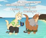  2023 anthro asking_another bodily_fluids bottomwear bottomwear_around_legs brown_body brown_fur brown_scales bubble butt camelid clothing clothing_around_legs cloud crouching dated day dialogue dragon drunk drunk_bubble duo ellipsis english_text feces fur genital_fluids gloves_(marking) green_clothing green_eyes green_shirt green_topwear grey_clothing grey_hoodie grey_topwear hi_res hoodie horn jadeder llama male male_pooping mammal markings mythological_creature mythological_scalie mythology narrowed_eyes open_mouth open_smile orange_eyes outside peeing peeing_together pooping pooping_into_water pooping_together public_peeing public_pooping raised_tail rise_(poverizer) scales scalie scatplay sea shirt shorts shorts_around_legs signature sky smile speech_bubble substance_intoxication tail talking_to_another teeth text topwear urine urine_stream water watersports yellow_body yellow_fur 