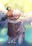  1boy 1girl accelerator ahoge albino aneunyeoja angel_wings bangs boots brown_coat brown_footwear brown_hair coat fur-trimmed_boots fur-trimmed_hood fur-trimmed_sleeves fur_trim highres hug kneeling last_order long_sleeves mittens outdoors pants red_eyes scenery short_hair sky snow standing to_aru_majutsu_no_index tree white_coat white_hair white_pants wings winter winter_clothes winter_coat 