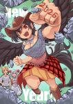  2026 3girls absurdres black_wings boots breasts brown_boots brown_hat chinese_zodiac cleavage cowboy_hat dragon_girl dragon_horns earrings feathered_wings green_background happy_new_year hat highres horns horse_girl horse_tail jewelry kaden_(muxt8423) kicchou_yachie kurokoma_saki looking_at_viewer multiple_girls open_mouth plaid_clothes plaid_skirt punching red_eyes red_horns sheep_girl skirt smile tail touhou toutetsu_yuuma wings year_of_the_horse 