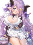  1girl absurdres apron blue_eyes blush bow breasts chocolate chocolate_on_face cleavage cleavage_cutout commentary_request draph finger_to_mouth food food_on_face granblue_fantasy hair_bow hair_ornament hair_over_one_eye heart heart-shaped_pupils heart_cutout heart_hair_ornament highres horns huge_filesize large_breasts lavender_hair long_hair long_sleeves looking_at_viewer narmaya_(granblue_fantasy) ooluoul ponytail purple_bow ribbed_sweater simple_background sitting solo sweater symbol-shaped_pupils thighs white_apron white_background 