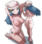  1girl armpits arms_behind_head ass back beanie blue_eyes blue_hair breasts dawn_(pokemon) fishnet_thighhighs fishnet_top fishnets hat nico-mo nipples panties pink_panties pink_shoes piplup pokemon pokemon_dppt pokemon_platinum shoes thighhighs thighs underwear 
