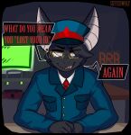  2025 5_fingers angry anthro bat big_ears black_body black_fur black_hair brb button_(fastener) cain_(suitedwolfie) clothing cross-popping_vein detailed_background dialogue digital_drawing_(artwork) digital_media_(artwork) electronics english_text eye_through_hair eyebrow_through_hair eyebrows eyewear fangs fingers fur furniture gameplay_mechanics glasses gold_glasses gold_piercing green_clothing green_jacket green_topwear green_uniform hair hands_on_table hat headgear headwear hi_res humanoid_hands id_card inside jacket looking_at_viewer male mammal markings monitor motion_lines necktie office open_mouth piercing quotation_marks red_necktie screen_glow shaded shaking sitting solo space_station_13 speech_bubble suitedwolfie table talking_to_viewer teeth text topwear translucent translucent_hair watermark white_body white_fur white_markings 