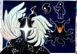  4others angel_wings black_cape bug butterfly cape deltarune demon_horns eldritch_abomination eram_(deltarune) everyman_(undertale) extra_eyes fangs feathered_wings fetus giant glowing_mouth head_wings highres horns living_shadow multiple_others one-eyed patty_proof spawn_(deltarune) titan_(deltarune) torn_cape torn_clothes trait_connection utdr_(toby_fox) wings 