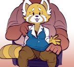  2020 aggressive_retsuko ailurid anthro beady_eyes bodily_fluids bra cheek_tuft clothed clothing clothing_lift director_ton domestic_pig duo eyelashes facial_tuft female female_focus front_view larger_male legwear male mammal open_mouth pantyhose partially_clothed red_panda retsuko sanrio sitting size_difference smaller_female smile spread_legs spreading standing submarine_screw suid suina sus_(pig) sweat tuft underwear 
