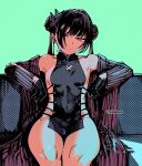  1girl aqua_background ben-day_dots black_dress black_gloves black_hair blue_archive breasts butterfly_hair_ornament china_dress chinese_clothes closed_mouth coat collarbone commentary cross-laced_slit dated_commentary dot_mouth double_bun dress feet_out_of_frame gloves grey_eyes hair_bun hair_ornament hair_over_one_eye highres kisaki_(blue_archive) limited_palette looking_at_viewer off_shoulder open_clothes open_coat otimusyairoha pelvic_curtain revealing_clothes screentones shanghai_neckline sideboob simple_background sitting small_breasts solo striped_coat thighs twitter_username vertical-striped_coat 