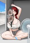  1girl absurdres arm_up armpits barefoot blue_eyes bra breasts camisole cleavage electric_fan food golbang grey_shorts highres holding holding_bra holding_food holding_popsicle holding_underwear holding_unworn_clothes huge_breasts mole mole_under_mouth open_mouth original popsicle red_hair shadow shorts sitting solo sweat sweaty_clothes underwear unworn_bra white_camisole 