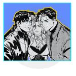  1girl bat_signal batman_(series) batman_symbol black_bodysuit black_hair blue_eyes bodysuit brown_jacket dc_comics dual_persona grey_bodysuit highres jacket jason_todd limited_palette male_focus monochrome multicolored_bodysuit muscular muscular_male oc_x_canon open_clothes red_hood_(dc) red_hood_and_the_outlaws short_hair superhero_costume taut_bodysuit two-tone_bodysuit zheyanhengzheyu 