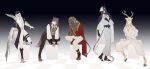 5boys absurdres alkaid_mcgrath alkaid_mcgrath_(spirit_world) anklet antlers aqua_eyes arm_support ayn_alwyn ayn_alwyn_(spirit_world) bead_necklace beads bird_boy black_background black_boots black_cape black_coat black_gloves black_hair black_hat black_horns black_leg_warmers black_pants black_sash black_vest blonde_hair blue_eyes blue_hair boots braid bridal_legwear cael_anselm cael_anselm_(spirit_world) cape checkered_floor chinese_commentary circlet clarence_clayden clarence_clayden_(spirit_world) closed_mouth coat collared_shirt crescent crescent_necklace curtained_hair dagger deer_antlers deer_boy dragon_boy dragon_horns earrings full_body furrification furry furry_male gear_earrings gloves gold_necklace gradient_background green_eyes grey_hair hair_between_eyes hair_over_shoulder hand_on_own_chin hat head_chain highres hoop_earrings hooves horns jacket jewelry knife lars_rorschach leg_warmers lineup lion_boy long_hair long_hair_between_eyes long_sleeves looking_at_viewer lovebrush_chronicles male_focus medium_hair mole mole_under_eye monocle multiple_boys multiple_necklaces necklace nil_lars open_clothes open_robe pants parted_bangs partially_unbuttoned peaked_cap purple_eyes red_eyes red_robe robe sash see-through_clothes see-through_shawl shawl sheath sheathed shirt single_braid single_horn sitting standing stool tail thigh_strap uneven_footing vest waist_sash weapon white_hair white_jacket white_pants white_robe white_shawl white_shirt winged_arms wings wolf_boy wu_yang 