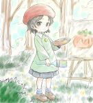  1girl adeleine arm_at_side beret black_eyes black_hair blue_socks blush bright_pupils brown_shoes bush canvas_(object) collared_shirt day dot_nose dress forest full_body grass green_dress green_skirt hat highres holding holding_paint_palette holding_paintbrush kirby_(series) kirby_64 light_blush maxim_tomato nature nose nose_blush nuudayo_nuudayo on_grass paint paint_palette paint_stains paintbrush painter rainbow rainbow_gradient red_hat shirt shoes short_hair skirt smile socks solo tomato tree 