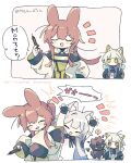  3girls amiya_(arknights) animal_ears arknights brown_hair cat_ears cat_girl closed_eyes cosplay fingerless_gloves gloves green_eyes highres kal'tsit_(arknights) kal'tsit_(arknights)_(cosplay) mon3tr_(arknights) mon3tr_(summon)_(arknights) multiple_girls naguru_(cyoroama) rabbit_ears rosmontis_(arknights) 
