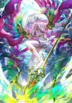  1boy :d barefoot blue_eyes bracelet company_name electricity heterochromia holding_polearm ibara_riato jewelry male_focus navel official_art open_mouth outdoors pink_eyes silver_hair smile thighlet wings z/x 