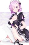  1girl alternate_costume artist_name black_dress breasts commentary_request dress enmaided fate/grand_order fate_(series) fuu_kotora hair_over_eyes hair_over_one_eye highres large_breasts lavender_hair looking_at_viewer maid maid_headdress mash_kyrielight purple_eyes short_hair short_sleeves smile solo thighhighs thighs white_legwear wrist_cuffs 