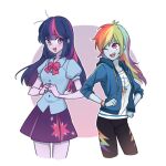  2girls ;d animification antenna_hair blue_jacket blue_shirt blue_skin blunt_bangs blush bow breasts circle colored_skin commentary cropped_legs cutie_mark dcon_34 hood hooded_jacket jacket long_hair medium_breasts multicolored_hair multiple_girls my_little_pony my_little_pony:_equestria_girls my_little_pony:_friendship_is_magic one_eye_closed open_clothes open_jacket personification pink_bow pink_eyes puffy_short_sleeves puffy_sleeves purple_eyes purple_hair purple_skin purple_skirt rainbow_dash rainbow_dash_(equestria_girls) rainbow_hair scene_cut shirt short_sleeves sidelocks simple_background skirt smile standing sweatdrop twilight_sparkle twilight_sparkle_(human) white_background 