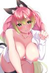  1girl animal_ears bare_shoulders black_legwear blush braid breasts cat_ears cat_tail closed_mouth collarbone commentary_request fake_animal_ears green_hair highres kaneko_(bblogtinhan) kanroji_mitsuri kimetsu_no_yaiba large_breasts long_hair looking_at_viewer mole mole_under_eye multicolored_hair nipples off-shoulder_shirt off_shoulder paw_pose pink_hair shirt simple_background smile solo tail thighhighs tri_braids two-tone_hair white_background white_shirt 