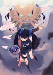  1girl absurdres black_hair blue_eyes brown_jacket dust eyelashes heavy_ball highres jacket long_hair long_sleeves looking_at_viewer mega_pokemon mega_steelix outstretched_arm pleated_skirt poke_ball pokemon pokemon_(creature) school_uniform skirt smile steelix throwing twintails u_tei 