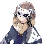  1girl anya_melfissa anya_melfissa_(new_year) black_gloves blonde_hair blonde_streaks blue_hair blue_kimono blue_streaks brown_hair closed_mouth commentary facing_viewer fox_mask frilled_sleeves frills gloves hair_bun hair_flaps hair_ornament hashtag-only_commentary highres holding holding_mask hololive hololive_indonesia japanese_clothes kanzashi kimono lace lace_gloves long_sleeves mask mask_on_head print_kimono simple_background single_sidelock smile solo soraha_123 symbol-only_commentary upper_body virtual_youtuber white_background x_hair_ornament 