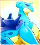  025aki blue_body blue_eyes blue_shell blue_skin blush feral glistening glistening_body glistening_skin hi_res horn lapras looking_at_viewer marine multicolored_body nintendo pok&eacute;mon pok&eacute;mon_(species) shell simple_background smooth_skin traditional_media_(artwork) two_tone_body video_games yellow_body yellow_skin 