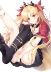  1girl absurdres asymmetrical_legwear asymmetrical_sleeves bangs between_breasts black_legwear blonde_hair blush bow breasts cape detached_collar dress earrings ereshkigal_(fate/grand_order) fate/grand_order fate_(series) feet hair_bow highres hoop_earrings infinity jewelry kina leaning_back legs_up long_hair long_sleeves looking_at_viewer medium_breasts multicolored multicolored_cape multicolored_clothes necklace parted_bangs red_bow red_cape red_dress red_eyes short_dress simple_background single_sleeve single_thighhigh sitting skull solo spine thighhighs tiara two_side_up white_background yellow_cape 