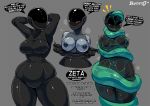  2019 big_breasts blush bodily_fluids breasts clothing curvy_figure dialogue english_text exposed_breasts fecharis female humanoid imadeej machine nipples robot rubber simple_background slime solo speech_bubble sweat tentacles text undressing voluptuous zeta_(imadeej) 