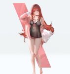  1girl barefoot black_choker black_nightgown blush breasts choker cleavage dolphin_shorts full_body goddess_of_victory:_nikke highres lace-trimmed_nightgown large_breasts long_hair looking_at_viewer ludaf nightgown official_alternate_costume official_alternate_design official_alternate_hair_color official_art pajamas pink_pajamas pink_shorts rapi_(nikke) rapi_(red_hood)_(cherished_red)_(nikke) rapi_(red_hood)_(nikke) red_eyes red_hair shorts sleepwear smile solo standing thighs very_long_hair 