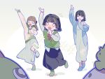  3girls :d ^_^ adapted_costume arm_up black_hair black_skirt blue_cardigan blue_socks blunt_bangs blunt_ends bob_cut bow braid brown_hair cardigan child clenched_hand closed_eyes collared_shirt commentary_request dancing dress dress_shirt earrings family flying_sweatdrops gonzales_(love_live!) green_eyes green_socks green_sweater_vest hair_bow half-closed_eyes highres hood hoodie if_they_mated jewelry kachimachi_kosuzu kachimachi_kosuzu_(summer_loungewear) leg_up link!_like!_love_live! long_dress long_skirt long_sleeves love_live! medium_hair momose_ginko momose_ginko_(summer_loungewear) mother_and_daughter multiple_girls no_shoes open_mouth pink_eyes pipi_(m1x_mix) print_hoodie science_babies shirt short_eyebrows side_braid single_off_shoulder skirt sleeveless sleeveless_dress smile socks sparkle stud_earrings stuffed_animal stuffed_bird stuffed_dinosaur stuffed_toy sweater_vest thick_eyebrows triceratops tsuru_(love_live!) untucked_shirt virtual_youtuber white_dress white_shirt white_skirt wife_and_wife yellow_hoodie 