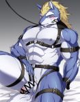  aaassstaro abs bdsm blonde_hair blue_body blue_fur blush canid canine canis censored fenrir_(housamo) flaccid fur genitals hair harness leash male mammal muscular muscular_male nipples pecs penis solo tattoo tokyo_afterschool_summoners video_games wolf 
