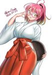  1girl absurdres breasts glasses green_streaks hakama hakama_skirt highres huge_breasts japanese_clothes kantai_collection katou_shinobu kimono medium_hair miko pink-framed_eyewear pink_hair ponytail red_hakama skirt smile solo ume_(kancolle) white_kimono wide_sleeves yellow_eyes 