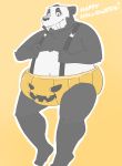 2013 anthro black_body black_fur blush fur giant_panda halloween holidays humanoid_hands male mammal overweight overweight_male pupperoo simple_background solo text ursid white_body white_fur 