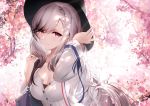  1girl absurdres azur_lane bag black_headwear breasts cleavage dunkerque_(afternoon_aphrodite)_(azur_lane) dunkerque_(azur_lane) gradient_hair hand_on_headwear hand_up hat higandgk highres large_breasts long_hair long_sleeves looking_at_viewer multicolored_hair red_eyes shirt shoulder_bag silver_hair smile solo top_hat upper_body white_shirt 