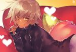  1girl blazblue breasts bullet_(blazblue) casual commentary_request dark_skin facial_scar heart highres large_breasts looking_at_viewer lying nose_scar on_stomach orange_eyes ozi_circle pillow pout scar short_hair silver_hair solo steepled_fingers sweater turtleneck turtleneck_sweater 