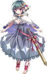  1girl :o bad_proportions blue_dress bow breasts cape capelet crescent crescent_hair_ornament dress hair_ornament hair_ribbon hitsuji_chronicle looking_at_viewer medium_breasts official_art pandora_(hitsuji_chronicle) pink_footwear purple_eyes ribbon sheath sheathed short_hair socks solo standing sword transparent_background weapon white_capelet wide_sleeves 