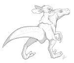  2020 3_fingers 3_toes absurd_res alien back_markings claws dinosaur disney dromaeosaurid duo ears_back experiment_(lilo_and_stitch) feral fingers fur greyscale head_tuft hi_res lilo_and_stitch markings monochrome notched_ear pivoted_ears reptile riding scalie secoh2000 signature simple_background small_tail stitch_(lilo_and_stitch) theropod toe_claws toes tuft velociraptor white_background 