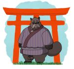  2009 anthro balls belly bennybeah canid canine clothing eyewear genitals ghibli glasses humanoid_hands low_res male mammal overweight overweight_male penis pom_poko raccoon_dog robe solo tanuki 
