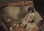  1girl absurdres animal_print bear_print black_hair black_shorts black_socks blush commentary couch crying damaged eliot_(eokaitekaite969) full_body grey_eyes highres hugging_own_legs indoors knees_up needle no_shoes on_couch open_mouth original print_shirt sad sewing_needle shirt short_hair short_shorts shorts sitting socks solo spool stuffed_animal stuffed_toy stuffing t-shirt teddy_bear white_shirt wooden_floor 
