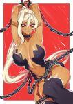  1girl armpits arms_up artist_name black_thighhighs blush border breasts bright_pupils chain chloe_(kuroinu) closed_mouth collar cuffs eyelashes highres kuroinu_~kedakaki_seijo_wa_hakudaku_ni_somaru~ orouu red_background red_eyes red_garter_straps restrained solo sweat thighhighs white_border white_hair white_pupils 