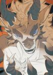  2024 2_horns anthro black_horn black_spikes blue_eyes bust_portrait chest_tuft chiayeeee chromatic_aberration claws digital_drawing_(artwork) digital_media_(artwork) dragon european_mythology eyebrows facial_scales facial_spikes fangs finger_claws hair head_horn high-angle_view horn looking_at_viewer male mythological_creature mythological_scalie mythology nude_anthro nude_male open_mouth orange_background portrait pupils ringed_iris scale_eyebrows scales scalie simple_background slit_pupils solo spikes spikes_(anatomy) tail teeth tuft western_dragon white_body white_hair white_sclera 