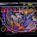  2boys adjusting_clothes adjusting_headwear american_flag american_flag_print arm_warmers armband art_tools_in_frame artist_name bag ball beanie beard belt belt_buckle blonde_hair blue_bridal_gauntlets blue_eyes blue_lips blue_pants bridal_gauntlets brown_belt brown_hat brown_pants buckle cape copyright_name cowboy_hat english_commentary facial_hair flag_print gold_teeth green_cape green_lips gyro_zeppeli hat heart_ornament highres holding holding_ball holding_reins holster hood hood_down hoodie horse horseback_riding horseshoe horseshoe_hat_ornament horseshoe_ornament johnny_joestar jojo_no_kimyou_na_bouken long_hair looking_at_viewer male_focus marker_(medium) maya_panda medium_hair multiple_boys open_mouth orange_sleeves pants photo_(medium) purple_armband purple_shirt purple_sleeves red_sleeves reins riding saddle shirt short_sleeves slow_dancer_(jojo) smile spinning star_(symbol) star_print steel_ball_(jojo) steel_ball_run toned toned_male traditional_media two-tone_sleeves valkyrie_(jojo) white_hat white_hoodie white_sleeves 