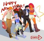  batman_(series) black_hair blue_eyes blue_hair brown_jacket dc_comics dick_grayson freckles hair_between_eyes highres jacket jason_todd lian_harper multicolored_hair muscular muscular_male open_clothes orange_hair red_hood_and_the_outlaws roy_harper rwheel0333 shirt short_hair simple_background starfire two-tone_hair white_hair 