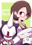  1girl belzelga border brown_eyes brown_hair character_name closed_mouth collared_shirt glasses hair_behind_ear horns jaggy_lines jamir karasumi_(medarot) lab_coat looking_at_viewer medarot robot round_eyewear shirt short_hair white_border yellow_shirt 