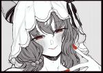 1girl animal_ears commentary_request ear_covers ear_ribbon greyscale highres horse_ears horse_girl lips monochrome nail_polish red_eyes red_nails ribbon rinren_(chun8chun8chun) smile solo still_in_love_(umamusume) striped_ribbon umamusume upper_body veil white_streaks white_veil 