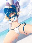  1girl ahoge artoria_pendragon_(all) baseball_cap bikini blonde_hair blue_headwear blue_jacket breasts cropped_jacket fate/grand_order fate_(series) hair_between_eyes hair_through_headwear hat highres jacket koflif mysterious_heroine_xx_(foreigner) ponytail shrug_(clothing) swimsuit thigh_strap twinmyniad white_bikini 