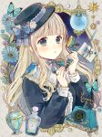  1girl :o animal animal_on_shoulder antique_phone argyle_background bird bird_on_shoulder blonde_hair blue_bow blue_butterfly blue_eyes blue_flower blue_gem blue_hat blue_nails blue_shirt blunt_bangs boater_hat border bottle bow brooch bug butterfly center_frills chinstrap commentary_request corded_phone crescent envelope fingernails flower frilled_shirt_collar frills gem hands_up hanging_lantern hat hat_bow hat_flower highres holding holding_phone jewelry key lantern long_hair long_sidelocks long_sleeves looking_at_viewer nail_polish original ornate_border ornate_ring outside_border pen perfume_bottle phone portrait_(object) postage_stamp puffy_long_sleeves puffy_sleeves ring rose rotary_phone shirt sidelocks sky star_(sky) star_(symbol) star_and_crescent starry_sky tententuyu tit_(bird) upper_body wavy_hair white_flower white_rose 
