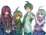  2boys 2girls ahoge akamatsu_kaede backpack bag blonde_hair blue_skirt book breast_pocket breasts brown_hair brown_jacket closed_mouth collared_shirt commentary_request danganronpa/zero danganronpa:_trigger_happy_havoc danganronpa_(series) danganronpa_2:_goodbye_despair danganronpa_v3:_killing_harmony eyelashes green_eyes green_hoodie green_jacket green_necktie hair_between_eyes hair_ornament hinata_hajime holding holding_book hood hood_down hoodie index_finger_raised jacket long_hair long_sleeves multiple_boys multiple_girls musical_note musical_note_hair_ornament musical_note_print naegi_makoto neck_ribbon necktie open_clothes open_jacket open_mouth otonashi_ryouko own_hands_together pink_eyes pink_vest pocket pointing print_skirt purple_skirt red_eyes red_hair red_ribbon ribbon riyuta shirt short_hair short_sleeves simple_background skirt smile teeth upper_teeth_only vest white_background white_shirt 