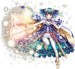  1girl blue_dress blue_ribbon cape crescent crescent_hair_ornament dress full_body green_hair hair_ornament hitsuji_chronicle holding holding_sword holding_weapon looking_at_viewer magic_circle navel official_art pandora_(hitsuji_chronicle) ribbon sheath short_hair smile solo standing standing_on_one_leg star sword thighhighs transparent_background weapon white_legwear yellow_cape 