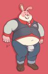  2015 anthro arcade_bunny belly bennybeah blush bottomwear bulge clothing humanoid_hands lagomorph leporid male mammal navel overweight overweight_male pants pink_body rabbit simple_background solo underwear 