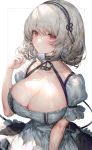  1girl azur_lane bangs blush breasts choker cleavage collarbone dress eyebrows_visible_through_hair hair_between_eyes lace-trimmed_hairband large_breasts looking_at_viewer playing_with_own_hair puffy_sleeves red_eyes senchat short_hair short_sleeves sirius_(azur_lane) solo white_hair 