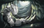  castform cave commentary creature english_commentary full_body gen_2_pokemon gen_3_pokemon mocokain no_humans pokemon pokemon_(creature) size_difference steelix 