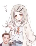  1boy 1girl blonde_hair blush camisole closed_mouth colored_eyelashes commentary_request cowboy_shot elon_musk flipped_hair gakuen_idolmaster gradient_hair grey_hair grey_robe hair_ornament hairclip hand_up happy_new_year idolmaster long_hair long_sleeves looking_at_viewer multicolored_hair off_shoulder oldweek open_clothes open_robe orange_eyes orange_ribbon parallel_hairclips parted_bangs real_life ribbon robe shinosawa_hiro simple_background smile translation_request v white_background white_camisole wristband 